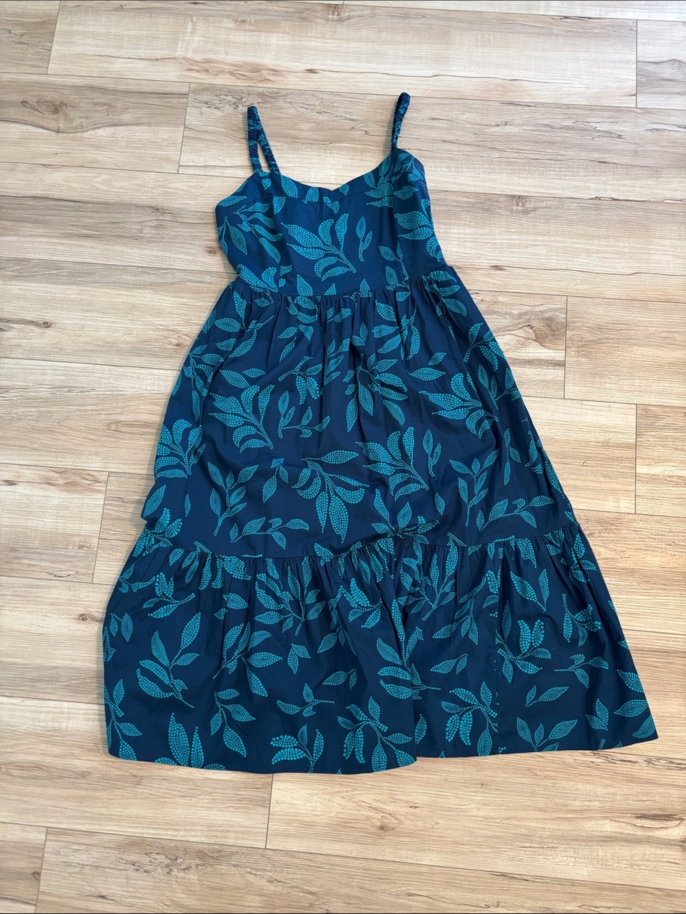 J. Crew Teal Leaf-Print Navy Midi Dress